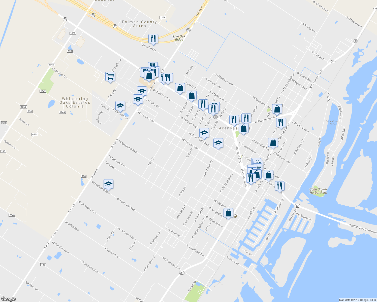 map of restaurants, bars, coffee shops, grocery stores, and more near 554 South 9th Street in Aransas Pass