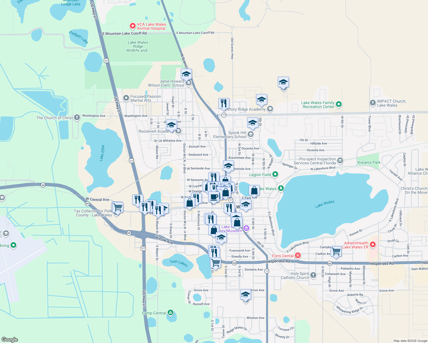 map of restaurants, bars, coffee shops, grocery stores, and more near 408 North 1st Street in Lake Wales