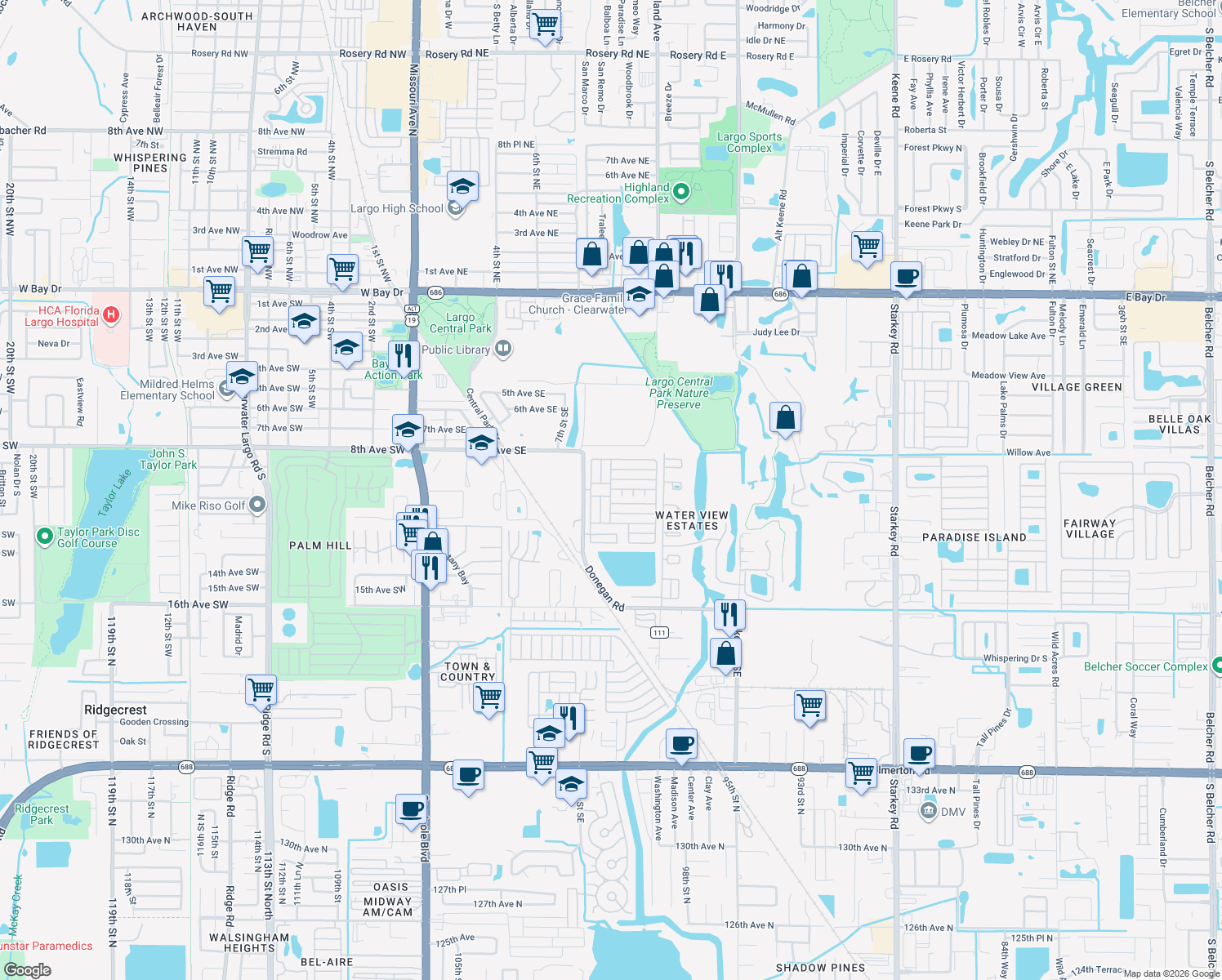map of restaurants, bars, coffee shops, grocery stores, and more near 3rd Ave in Largo