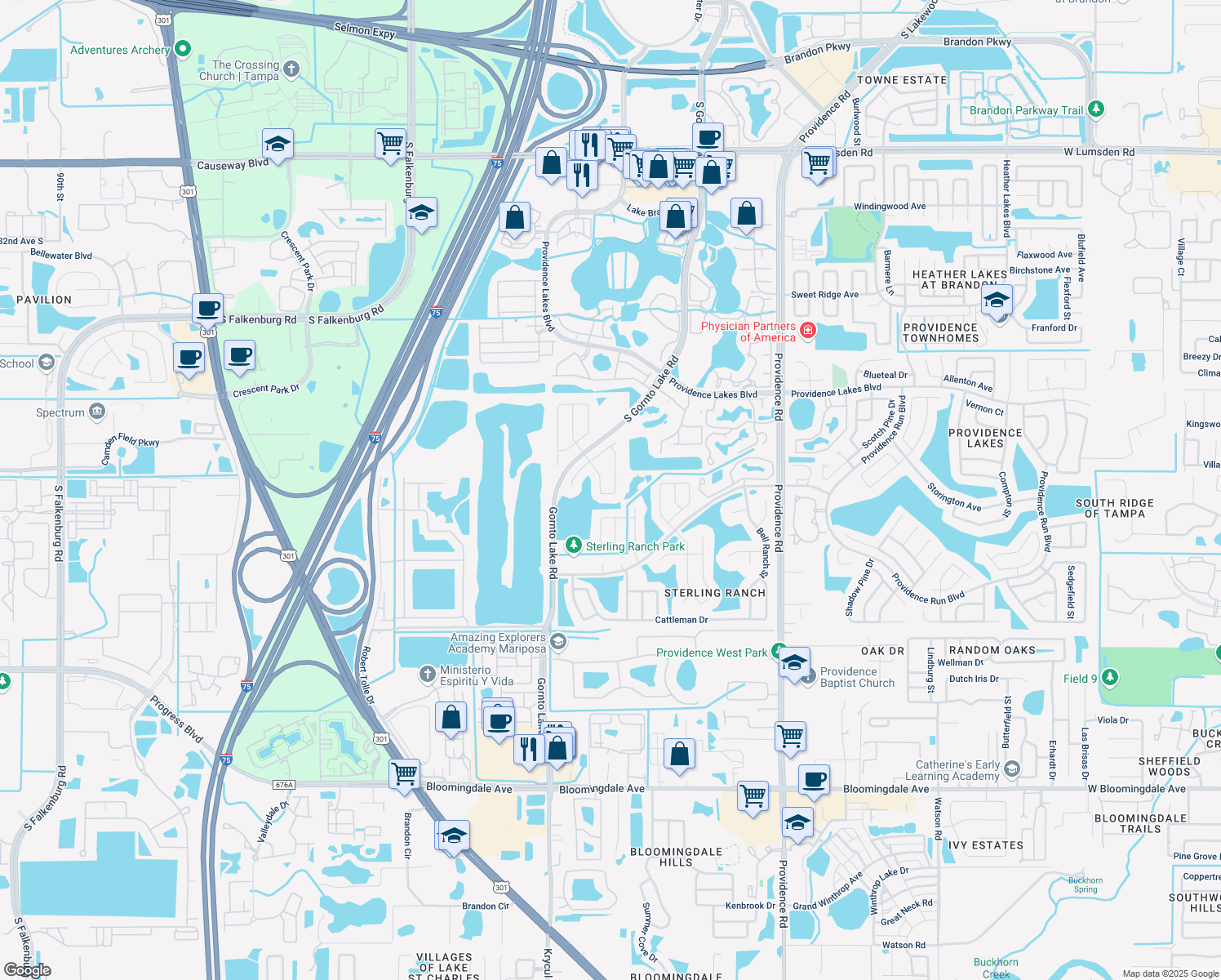 map of restaurants, bars, coffee shops, grocery stores, and more near 1738 Kirtley Drive in Brandon