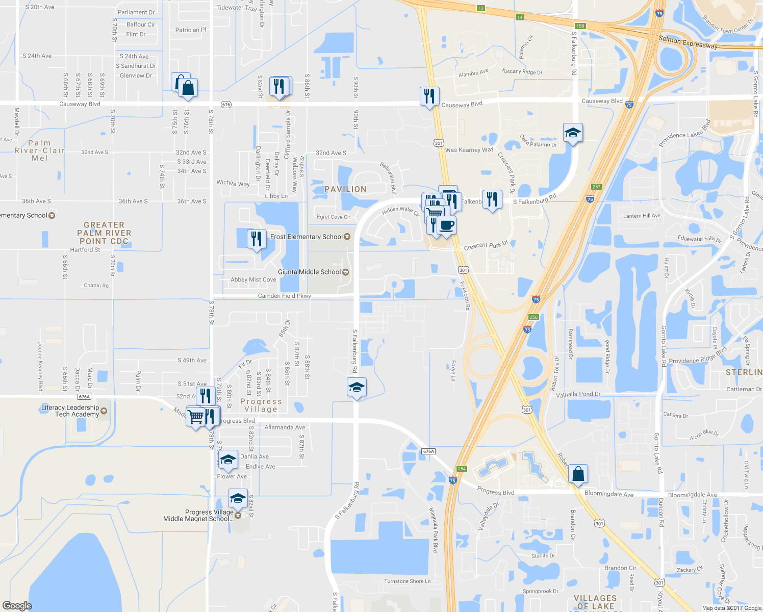 map of restaurants, bars, coffee shops, grocery stores, and more near 9116 Mountain Camellia Lane in Riverview