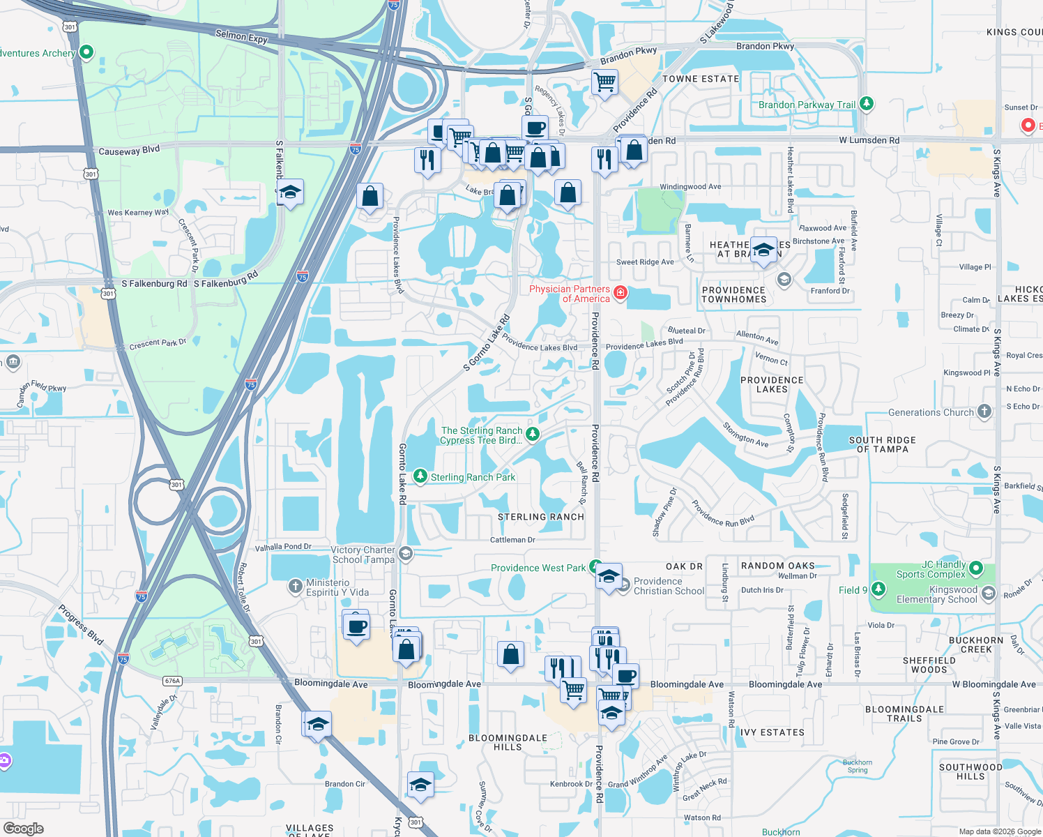 map of restaurants, bars, coffee shops, grocery stores, and more near 1637 Elk Spring Drive in Brandon