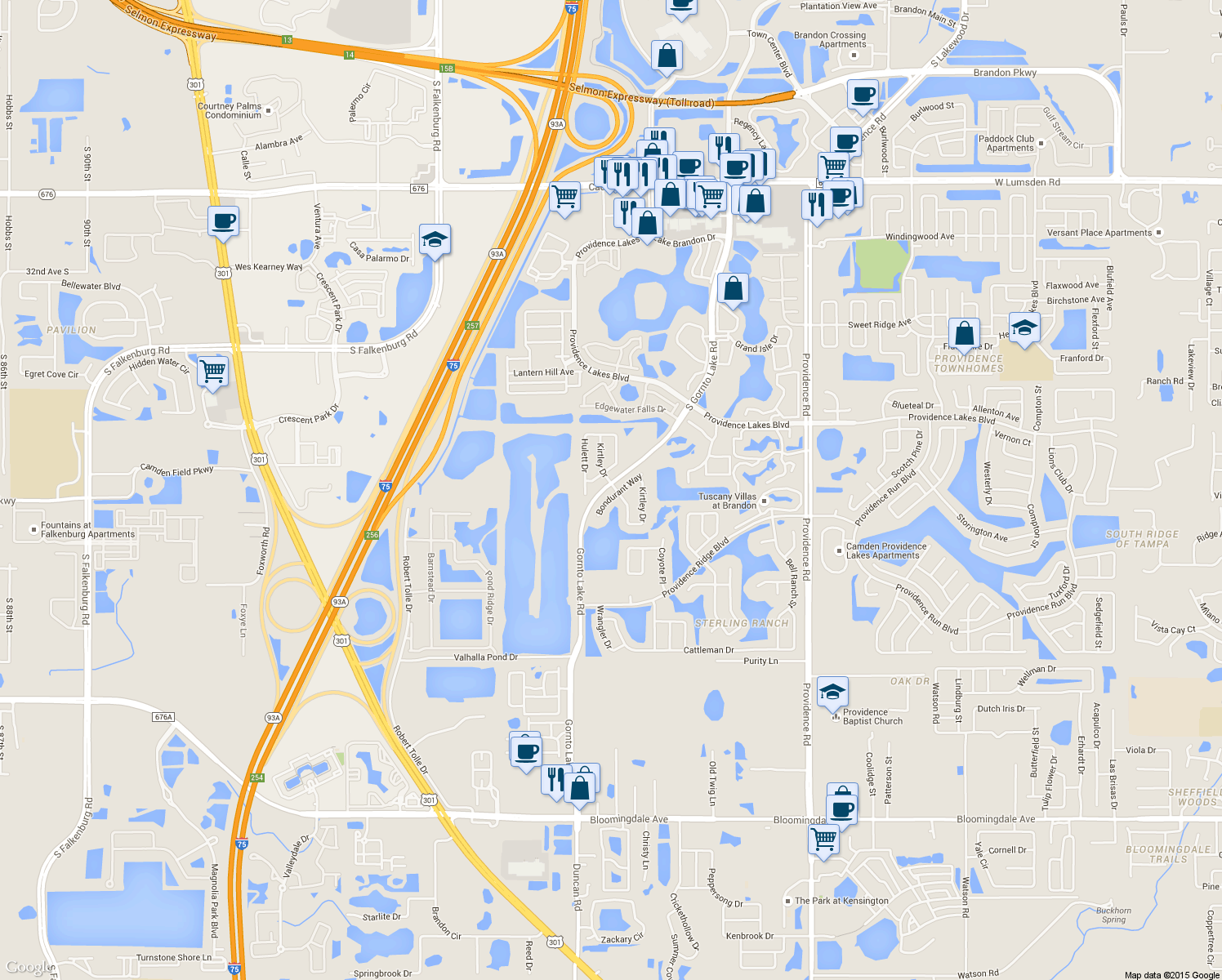 map of restaurants, bars, coffee shops, grocery stores, and more near 1701 Bondurant Way in Brandon