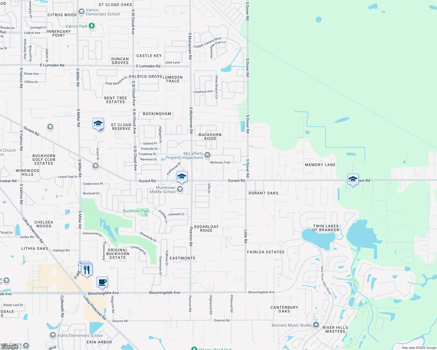 map of restaurants, bars, coffee shops, grocery stores, and more near 4407 Pawnee Path in Valrico