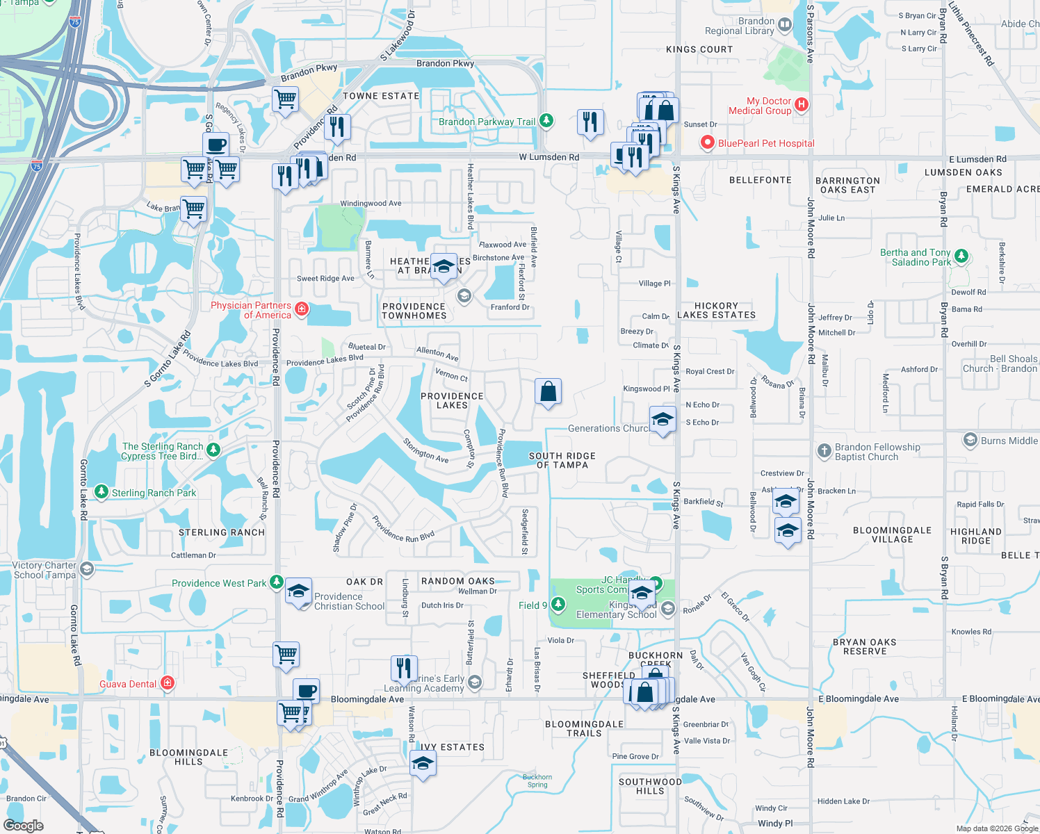 map of restaurants, bars, coffee shops, grocery stores, and more near 1522 Ledgestone Drive in Brandon