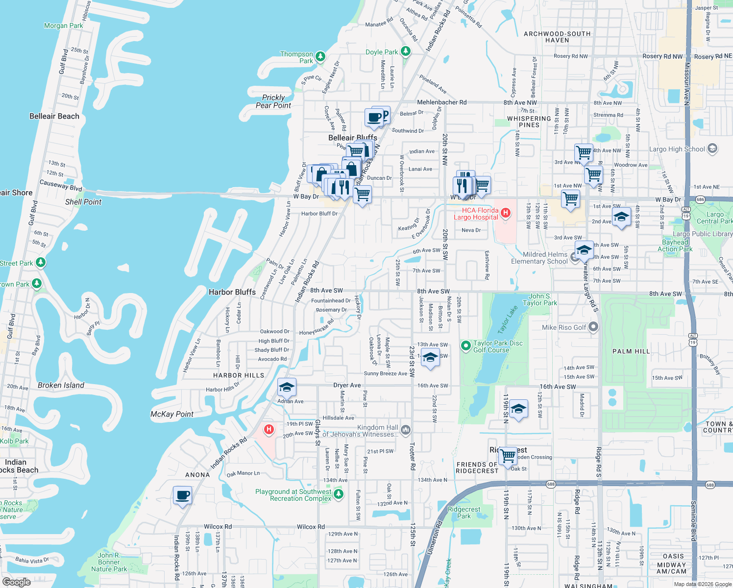 map of restaurants, bars, coffee shops, grocery stores, and more near 1002 Bay Breeze Terrace in Largo
