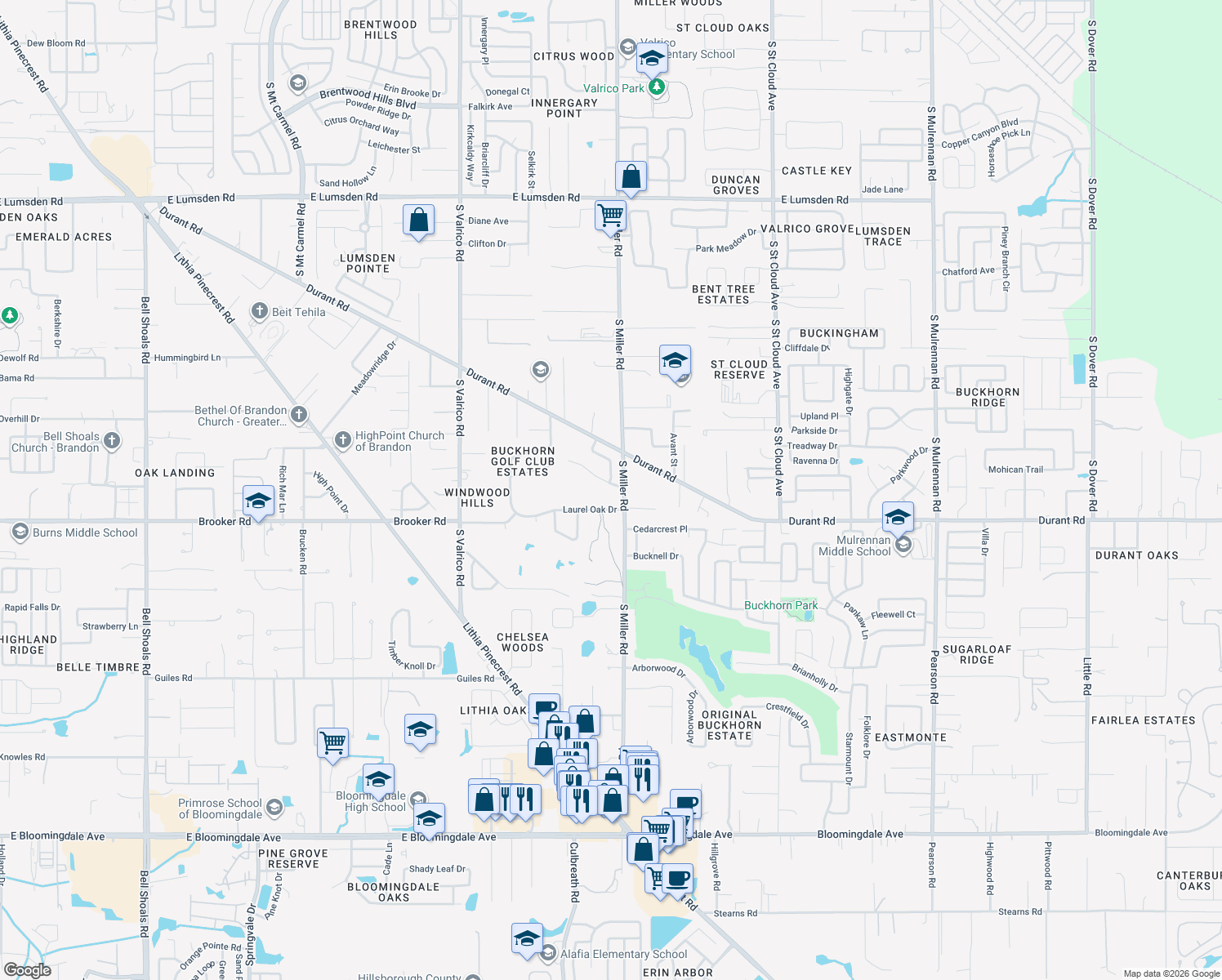 map of restaurants, bars, coffee shops, grocery stores, and more near 2319 Sunview Avenue in Valrico