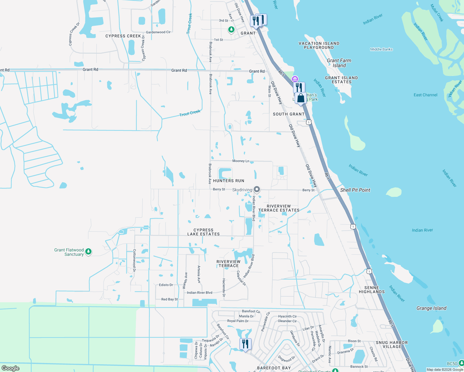 map of restaurants, bars, coffee shops, grocery stores, and more near 4576 Hunters Run Circle in Grant-Valkaria