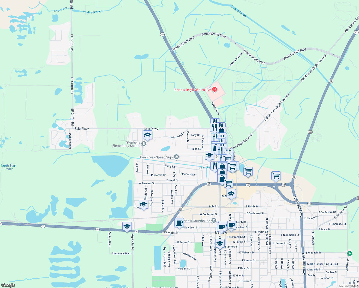 map of restaurants, bars, coffee shops, grocery stores, and more near 815 Wildwood Drive in Bartow