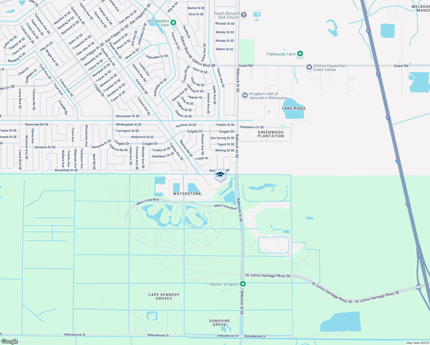 map of restaurants, bars, coffee shops, grocery stores, and more near 1586 Weiman Road Southeast in Palm Bay