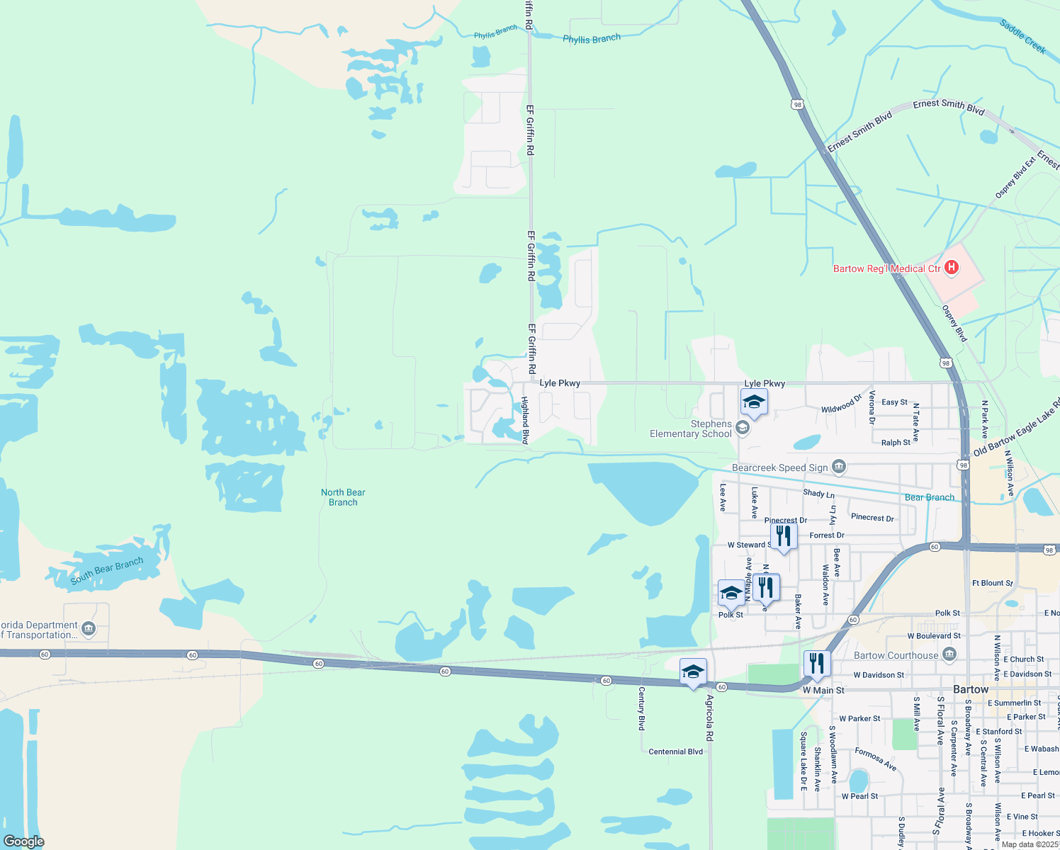 map of restaurants, bars, coffee shops, grocery stores, and more near 1690 Highland Boulevard in Bartow