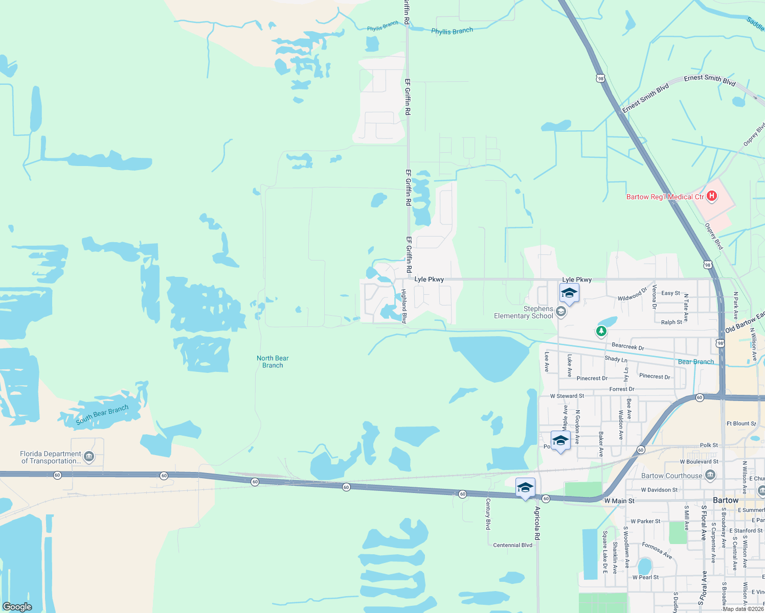 map of restaurants, bars, coffee shops, grocery stores, and more near 1650 Varner Court in Bartow
