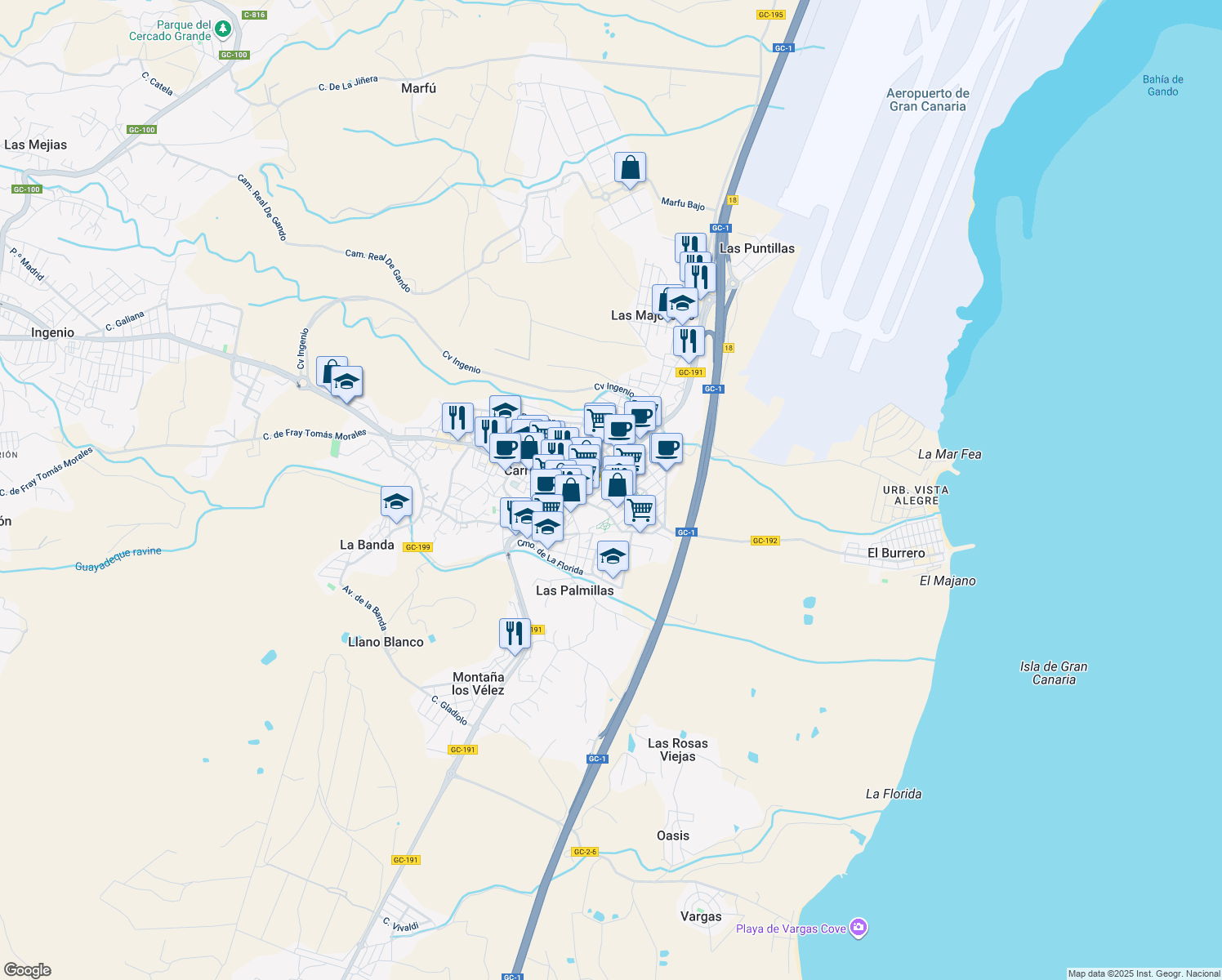 map of restaurants, bars, coffee shops, grocery stores, and more near in Ingenio