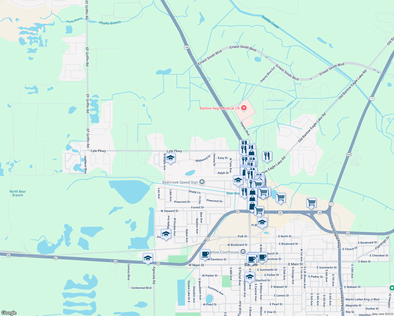 map of restaurants, bars, coffee shops, grocery stores, and more near 600 Wildwood Drive in Bartow