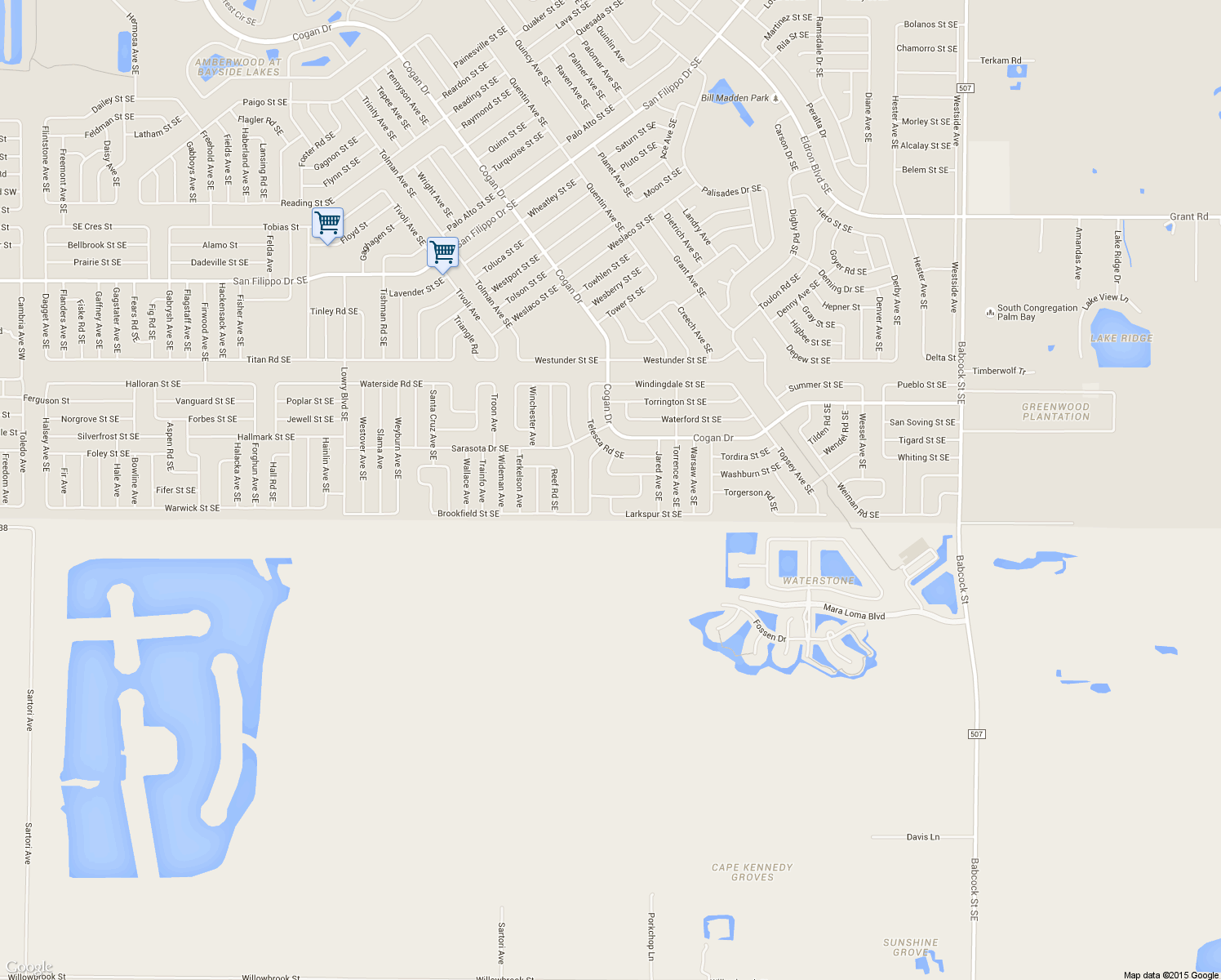 map of restaurants, bars, coffee shops, grocery stores, and more near 1099 Whisper Road Southeast in Palm Bay