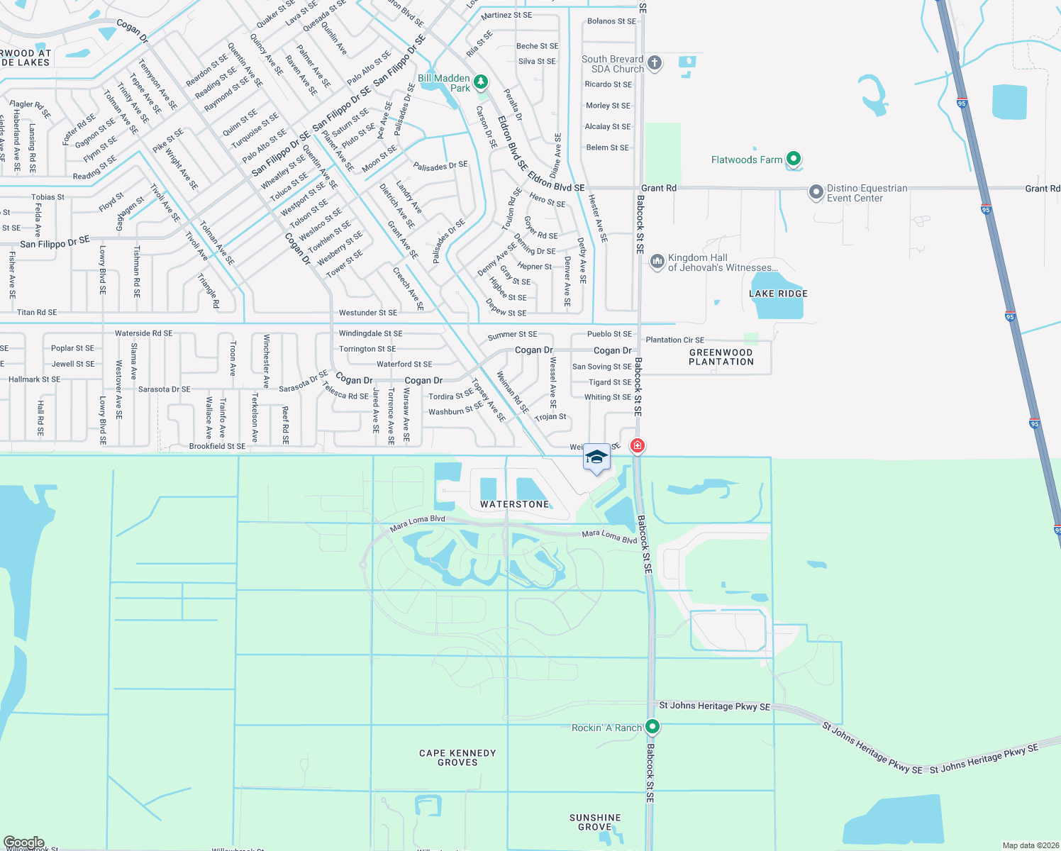 map of restaurants, bars, coffee shops, grocery stores, and more near 1450 Weiman Road Southeast in Palm Bay