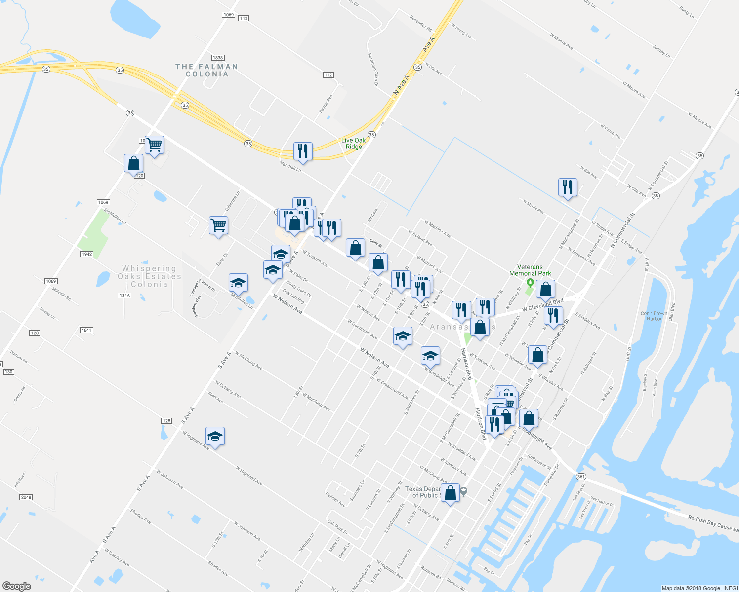 map of restaurants, bars, coffee shops, grocery stores, and more near 1315 West Yoakum Avenue in Aransas Pass