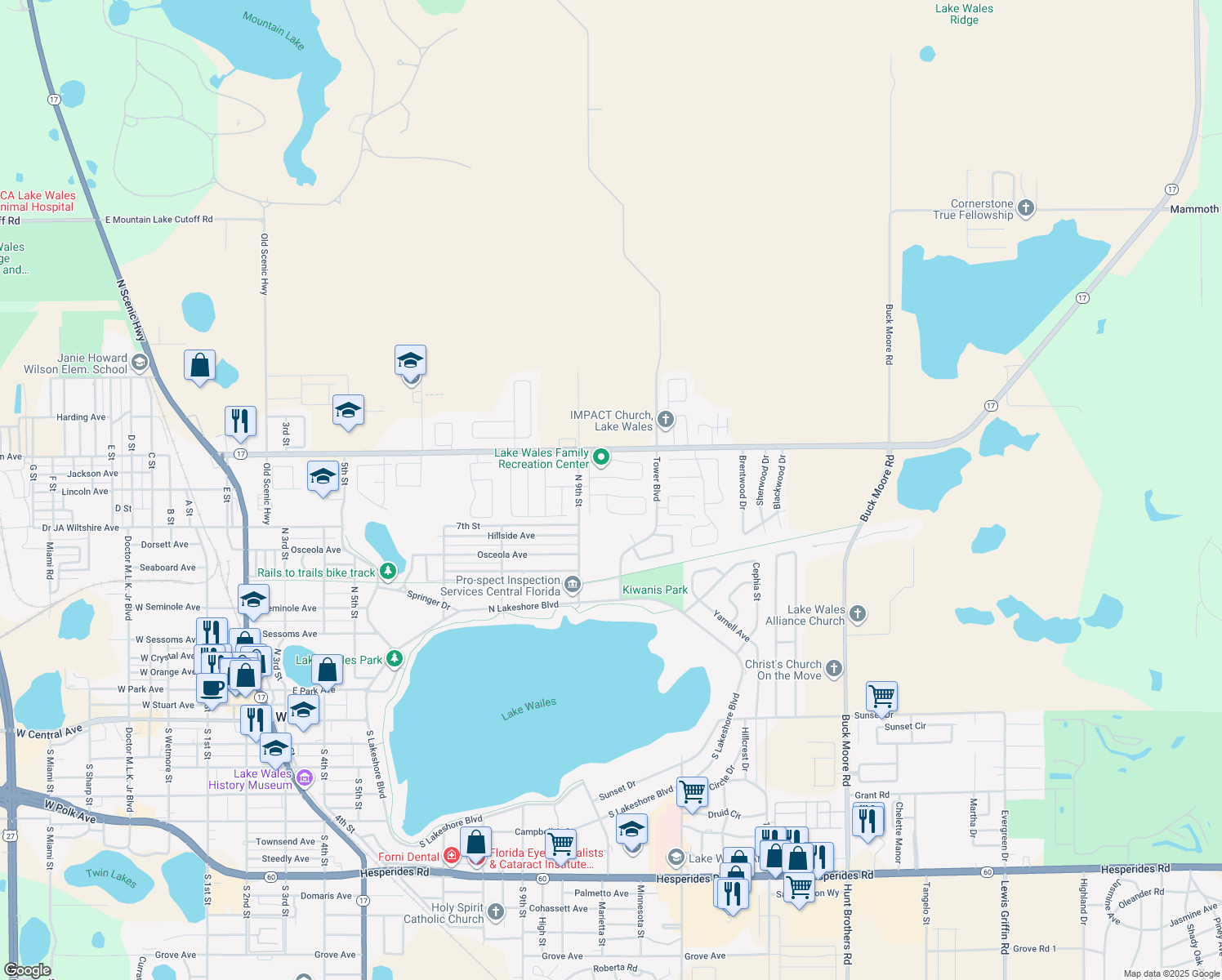 map of restaurants, bars, coffee shops, grocery stores, and more near 915 Oxford Way in Lake Wales