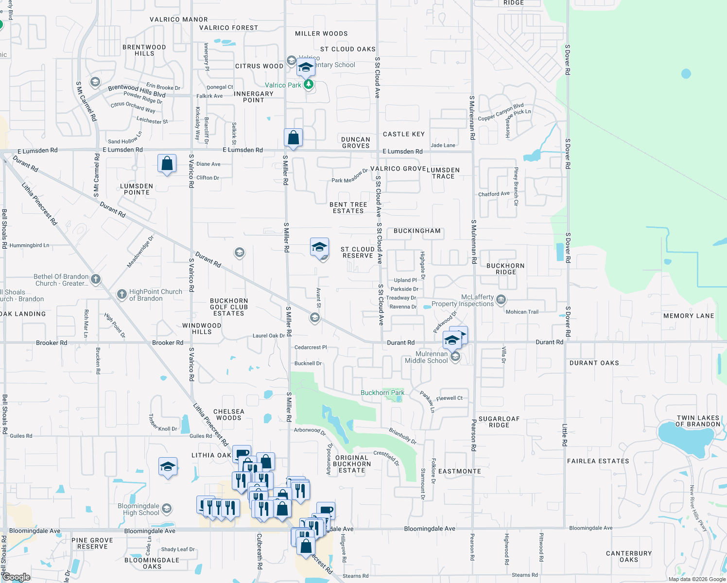 map of restaurants, bars, coffee shops, grocery stores, and more near 2823 Windcrest Oaks Court in Valrico