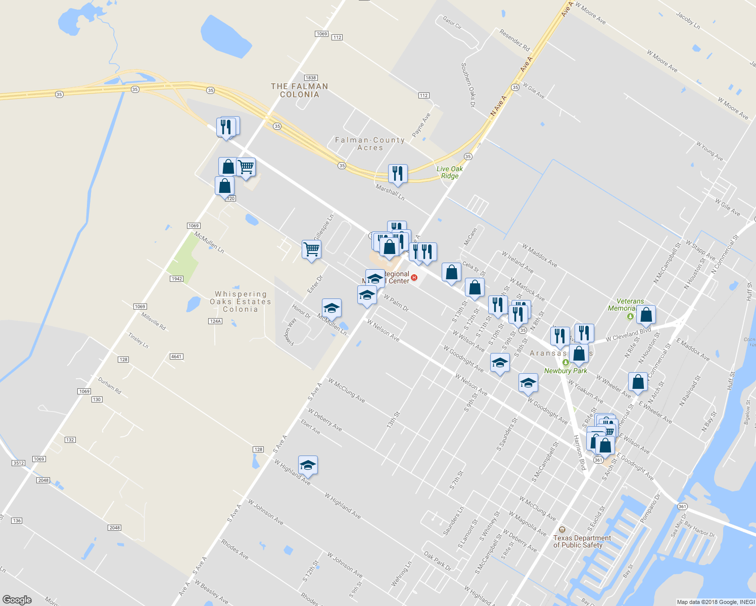 map of restaurants, bars, coffee shops, grocery stores, and more near 402 Oak Glen Drive in Aransas Pass
