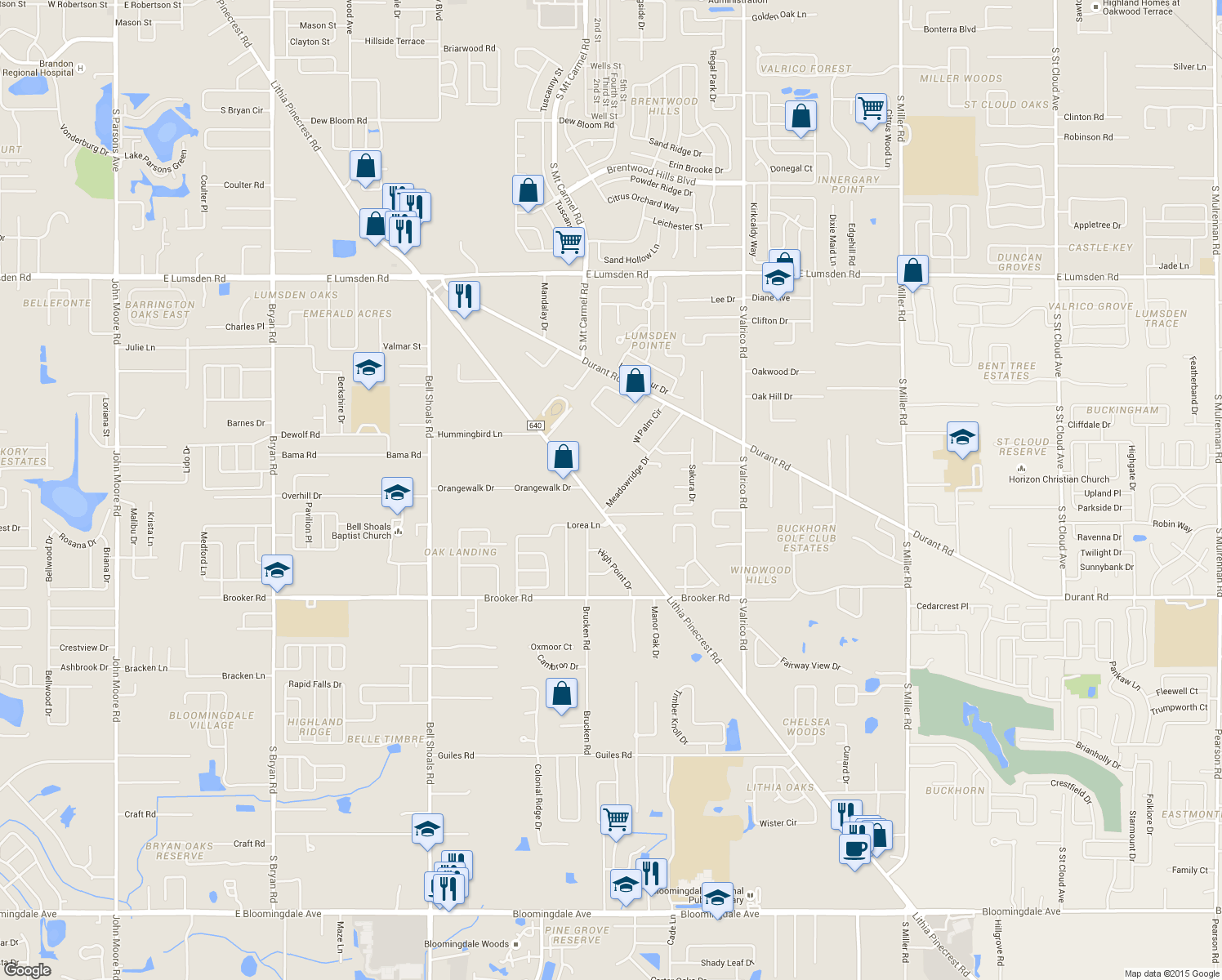map of restaurants, bars, coffee shops, grocery stores, and more near 1926 Meadowridge Drive in Valrico