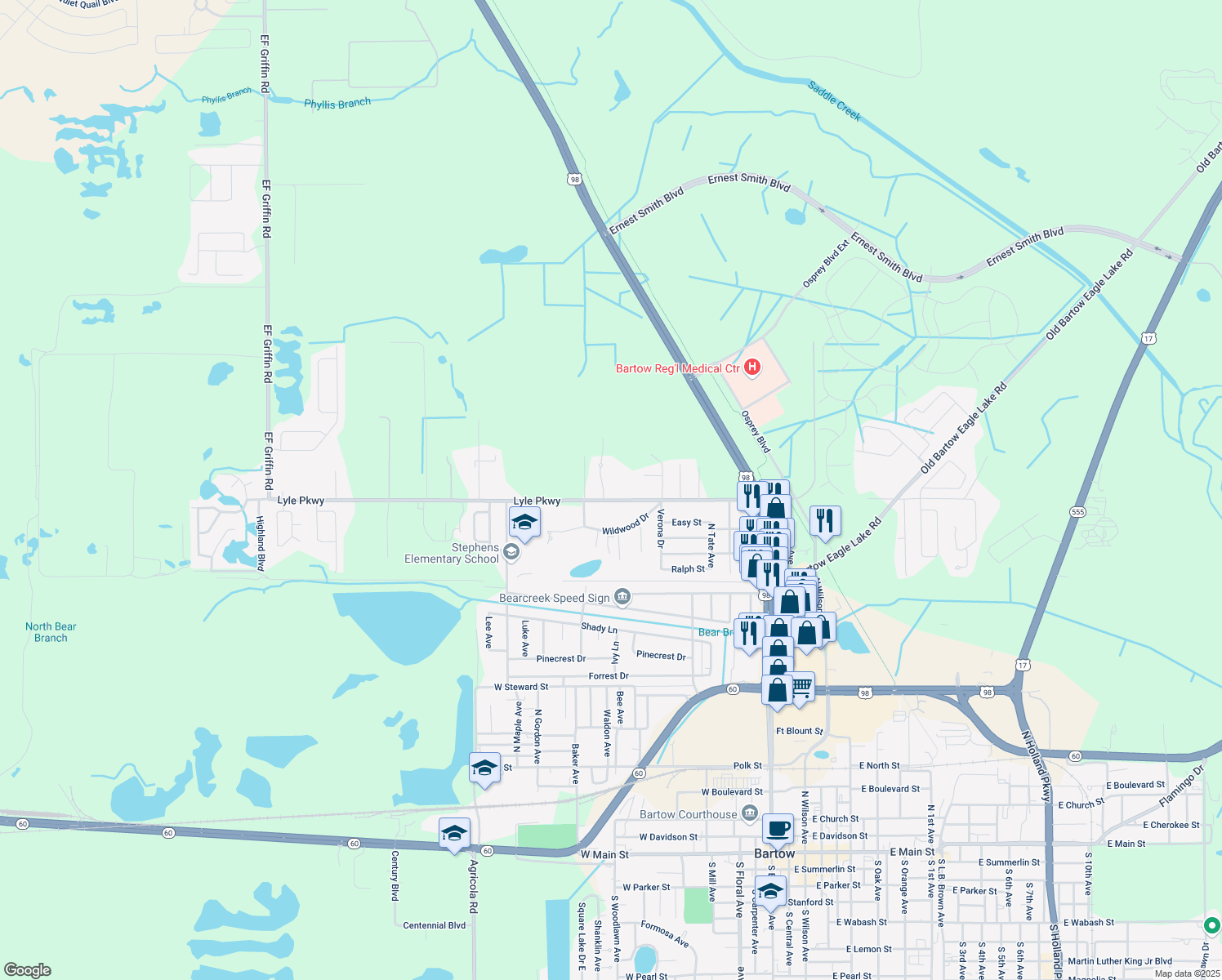 map of restaurants, bars, coffee shops, grocery stores, and more near 1800 Wardlaw Drive in Bartow