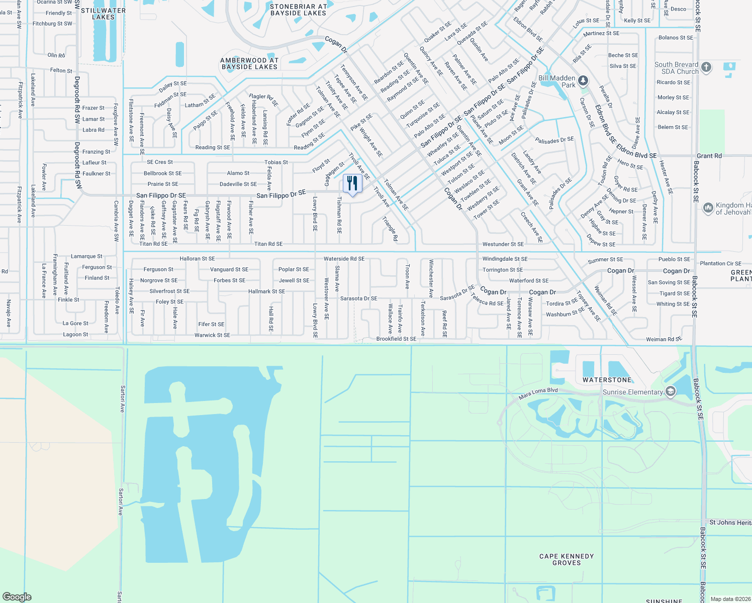 map of restaurants, bars, coffee shops, grocery stores, and more near 816 Sarasota Drive Southeast in Palm Bay