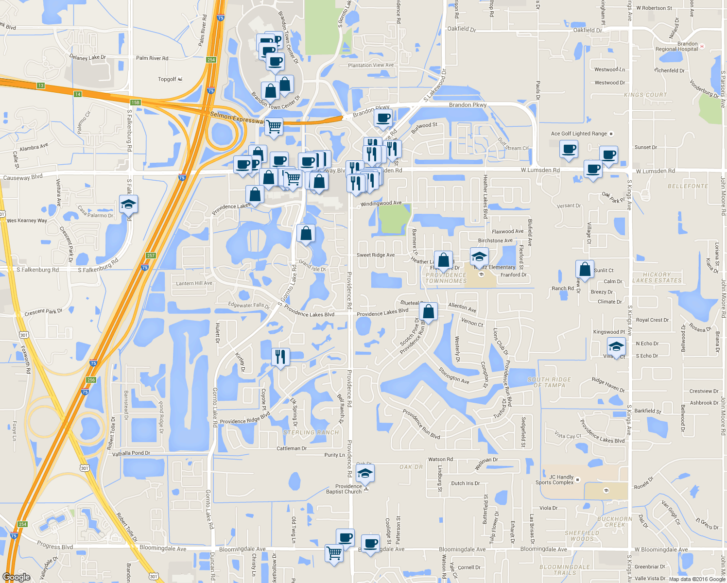 map of restaurants, bars, coffee shops, grocery stores, and more near 1408 Woodstork Drive in Brandon