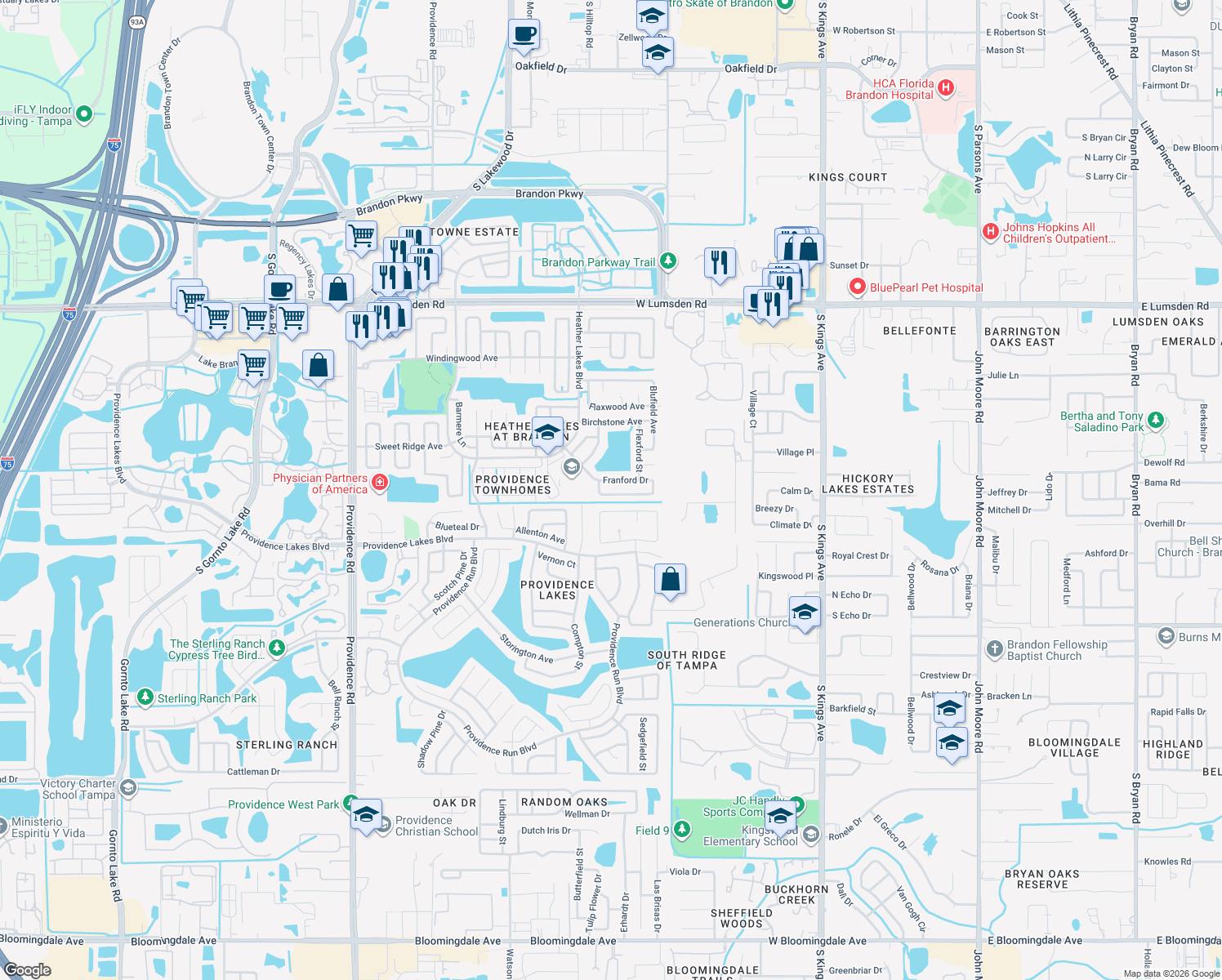 map of restaurants, bars, coffee shops, grocery stores, and more near 1211 Franford Drive in Brandon