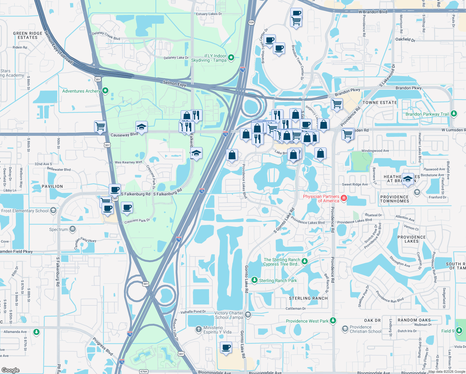 map of restaurants, bars, coffee shops, grocery stores, and more near 2718 Garden Falls Drive in Brandon