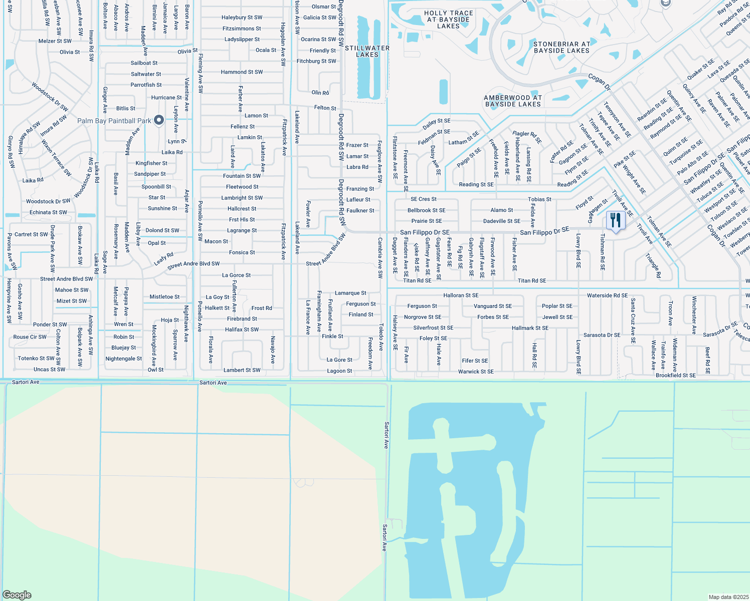 map of restaurants, bars, coffee shops, grocery stores, and more near 111 Ferguson Street in Palm Bay