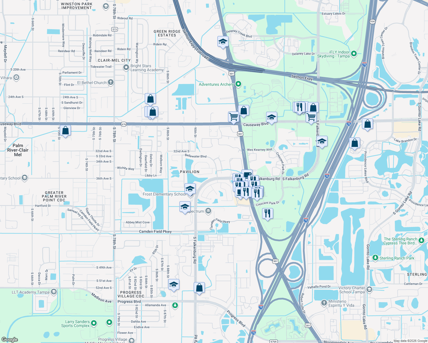 map of restaurants, bars, coffee shops, grocery stores, and more near 9274 Estate Cove Circle in Riverview