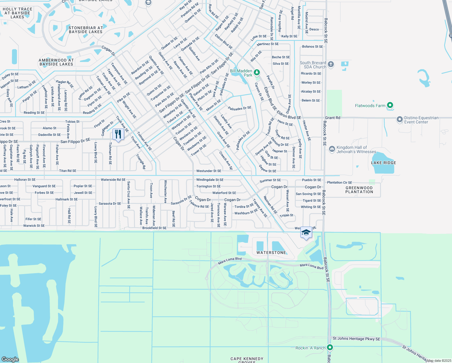 map of restaurants, bars, coffee shops, grocery stores, and more near 1230 Windingdale Street Southeast in Palm Bay