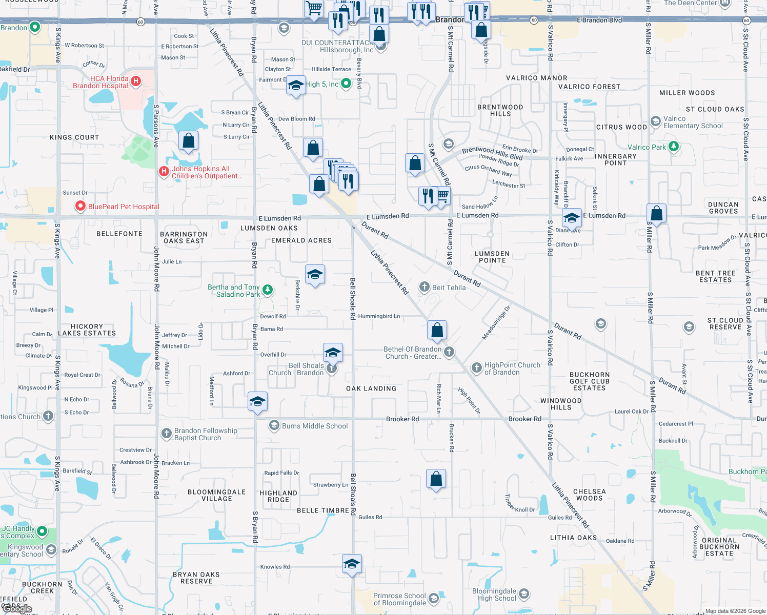 map of restaurants, bars, coffee shops, grocery stores, and more near 1106 Hummingbird Lane in Brandon