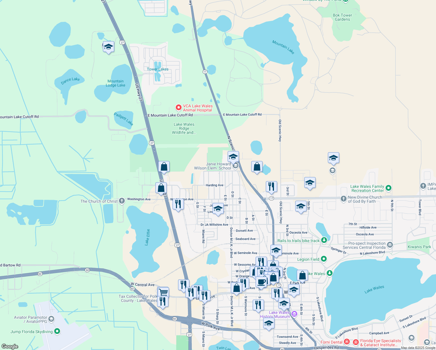 map of restaurants, bars, coffee shops, grocery stores, and more near 433 Pearl Street in Lake Wales