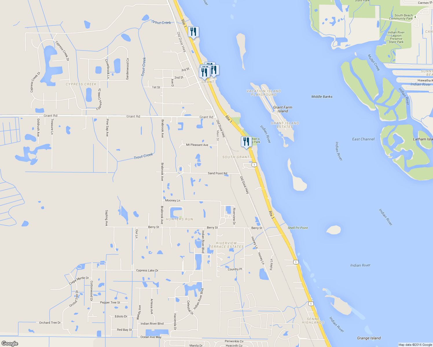 map of restaurants, bars, coffee shops, grocery stores, and more near 4865 Sand Point Road in Grant-Valkaria