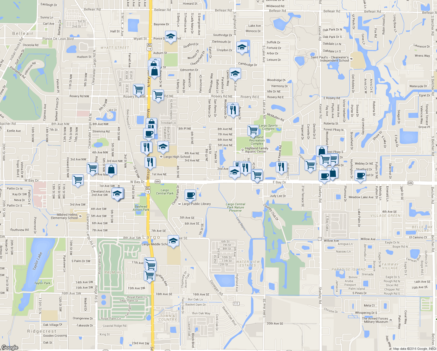 map of restaurants, bars, coffee shops, grocery stores, and more near Main Street Northeast in Largo