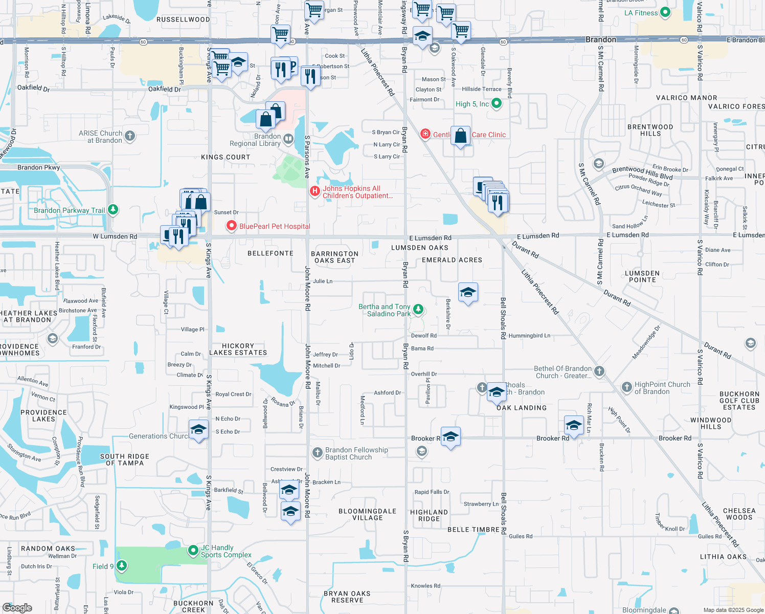 map of restaurants, bars, coffee shops, grocery stores, and more near 1410 Audrey Drive in Brandon