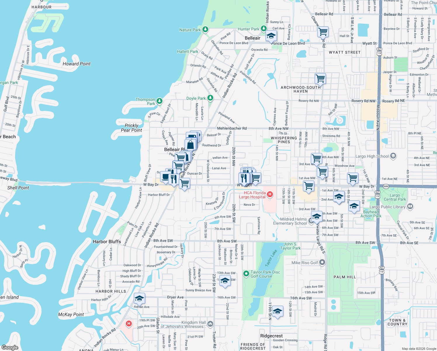 map of restaurants, bars, coffee shops, grocery stores, and more near 2214 Duncan Drive in Belleair Bluffs