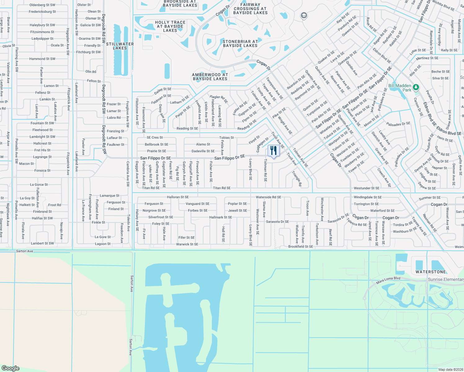 map of restaurants, bars, coffee shops, grocery stores, and more near 525 Titan Road Southeast in Palm Bay
