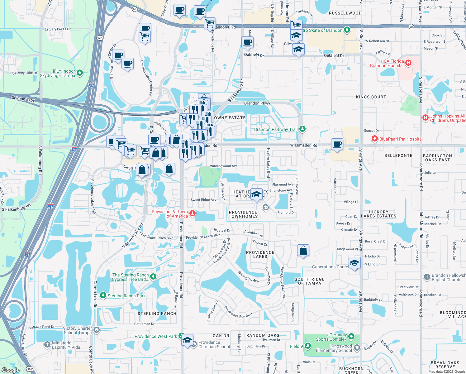 map of restaurants, bars, coffee shops, grocery stores, and more near 1205 Sweet Gum Drive in Brandon