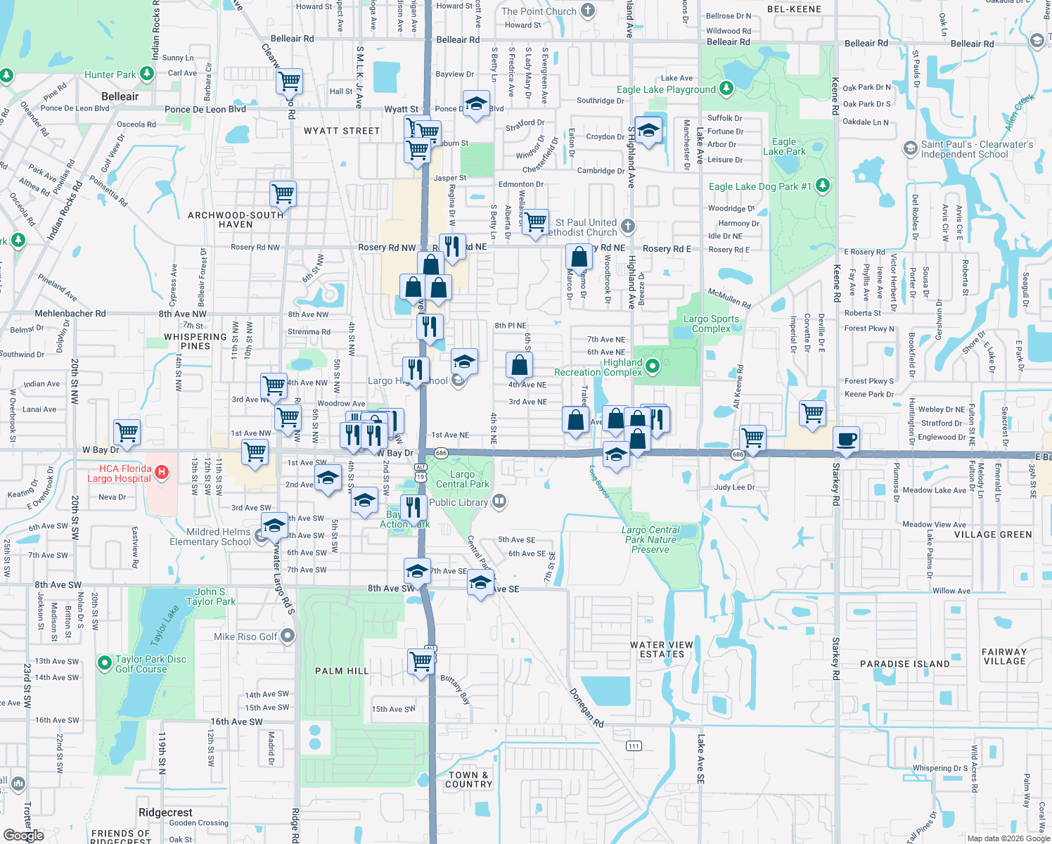 map of restaurants, bars, coffee shops, grocery stores, and more near 155 6th Street Northeast in Largo