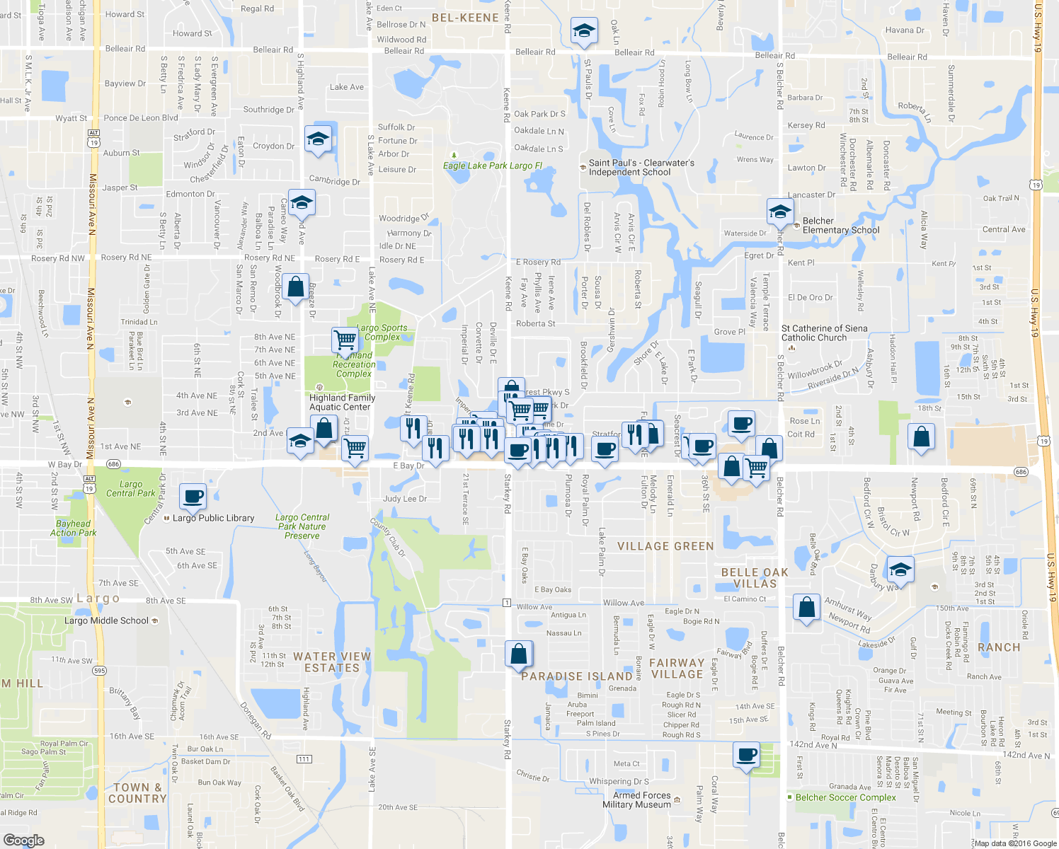 map of restaurants, bars, coffee shops, grocery stores, and more near 404 Brandywine Drive in Largo