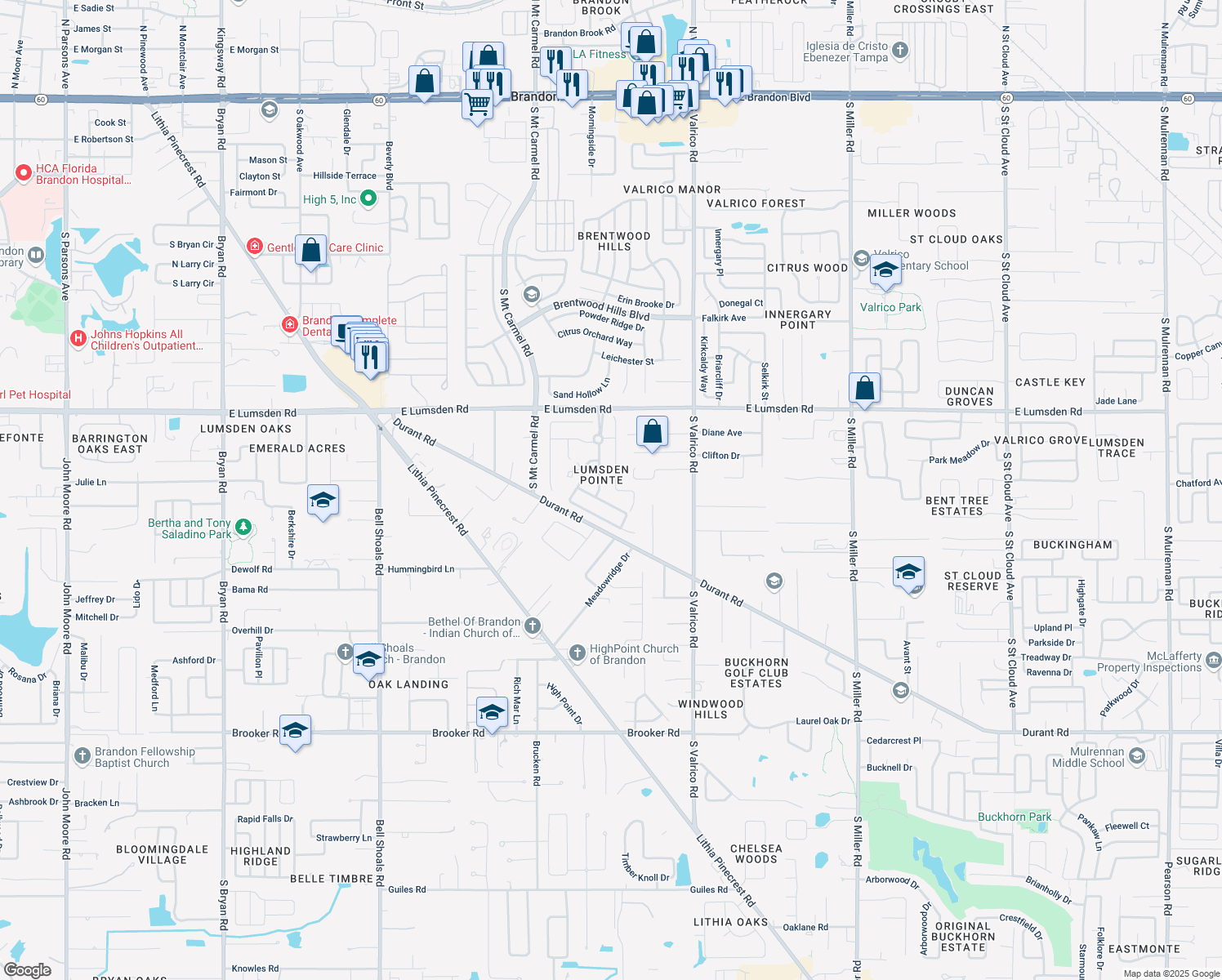 map of restaurants, bars, coffee shops, grocery stores, and more near 1122 Split Silk Street in Valrico