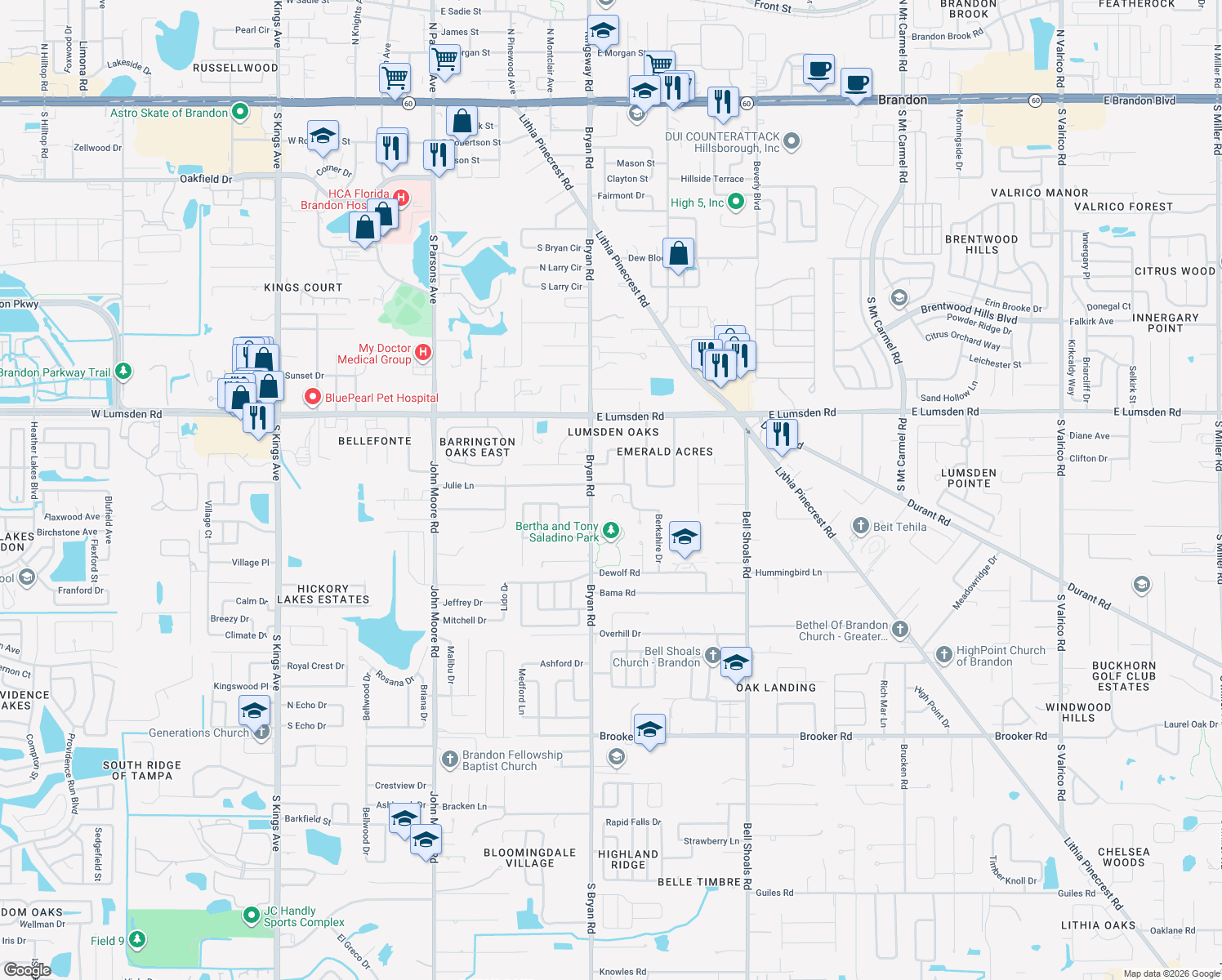 map of restaurants, bars, coffee shops, grocery stores, and more near 605 Julie Ln in Brandon