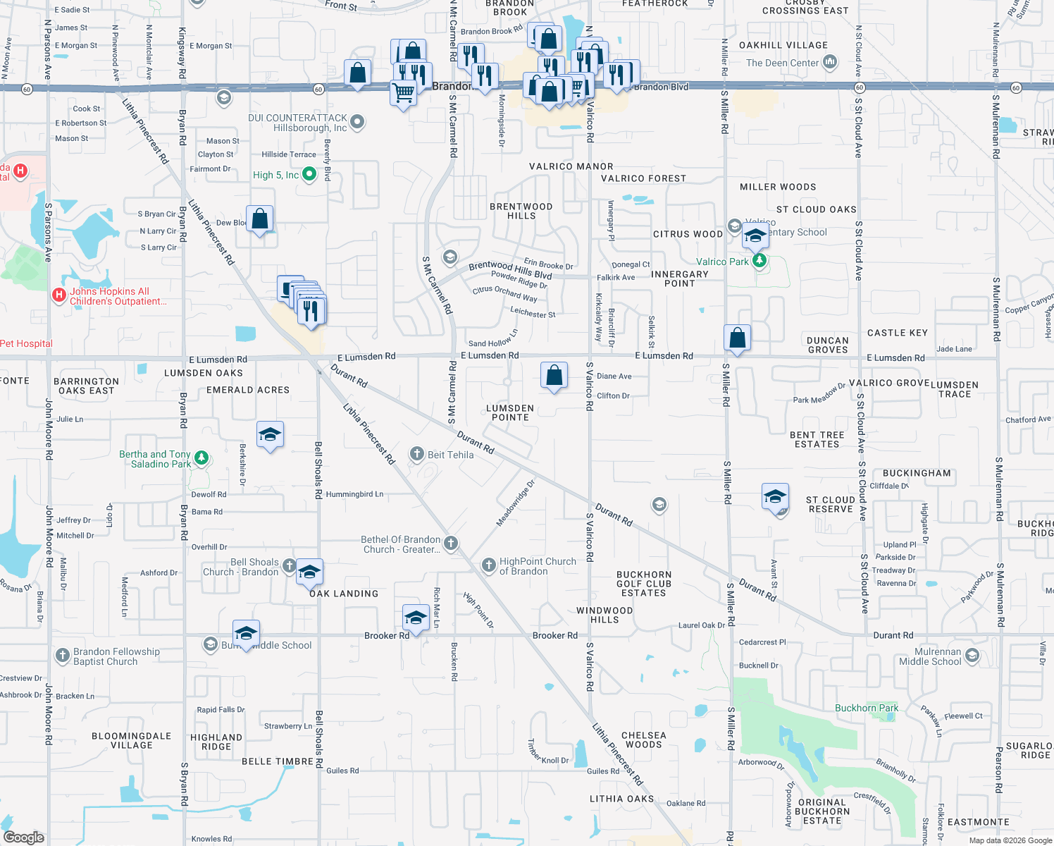 map of restaurants, bars, coffee shops, grocery stores, and more near 1121 Split Silk Street in Valrico