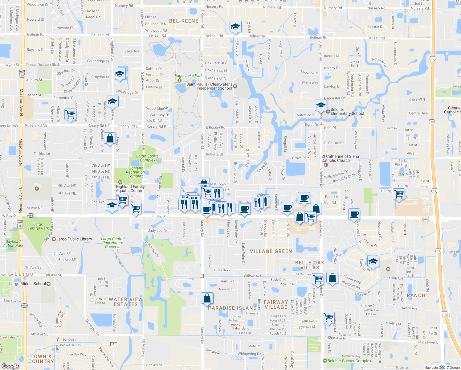 map of restaurants, bars, coffee shops, grocery stores, and more near 2796 Forest Parkway South in Largo