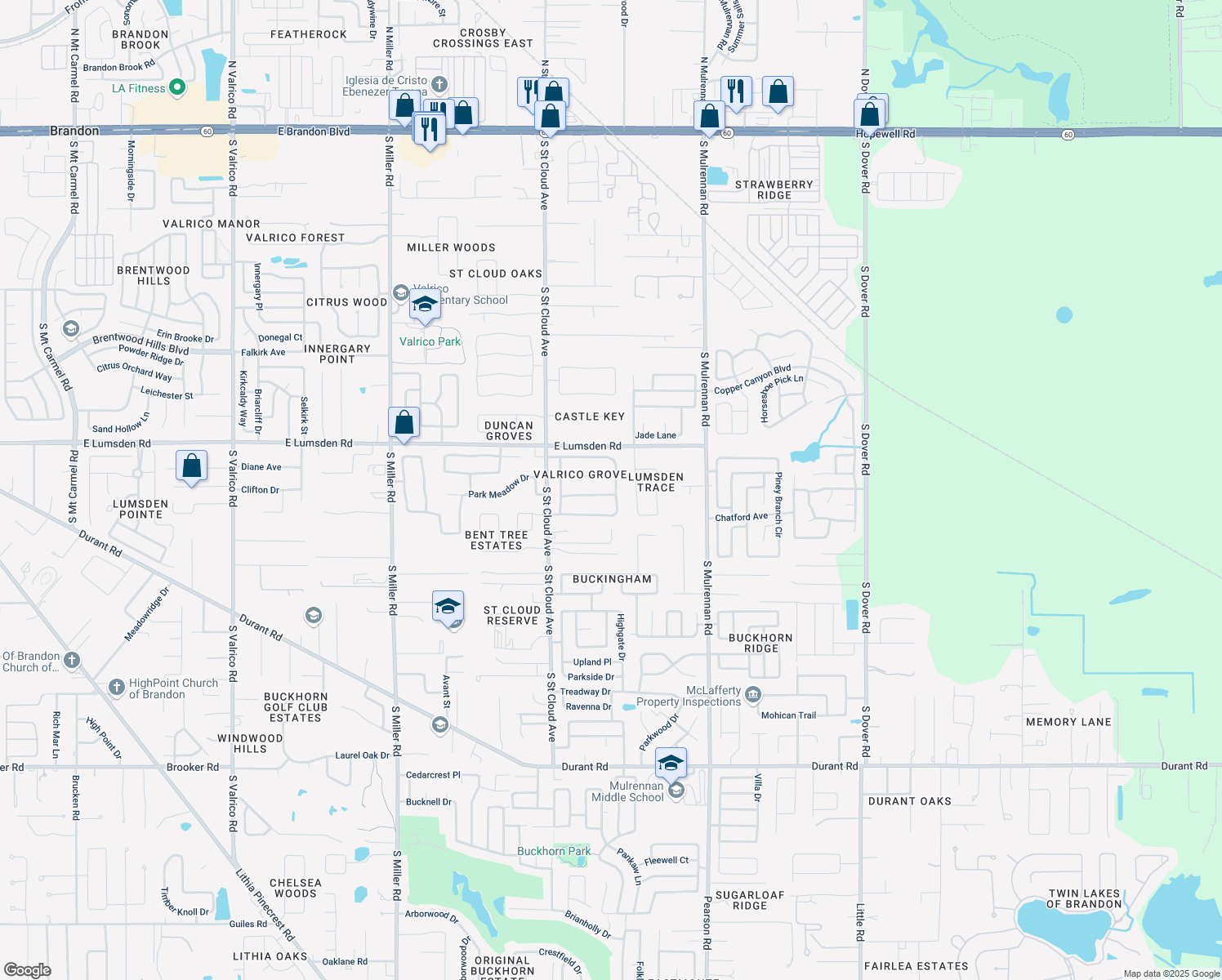 map of restaurants, bars, coffee shops, grocery stores, and more near 3920 Whisper Grove Court in Valrico