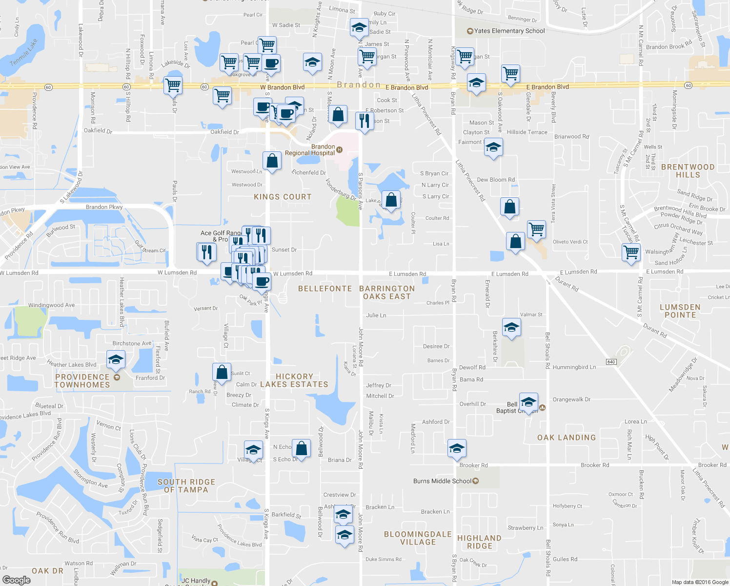 map of restaurants, bars, coffee shops, grocery stores, and more near 142 Barrington Drive in Brandon