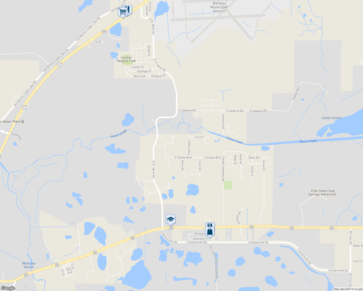 map of restaurants, bars, coffee shops, grocery stores, and more near 3720 East Gandy Boulevard in Bartow